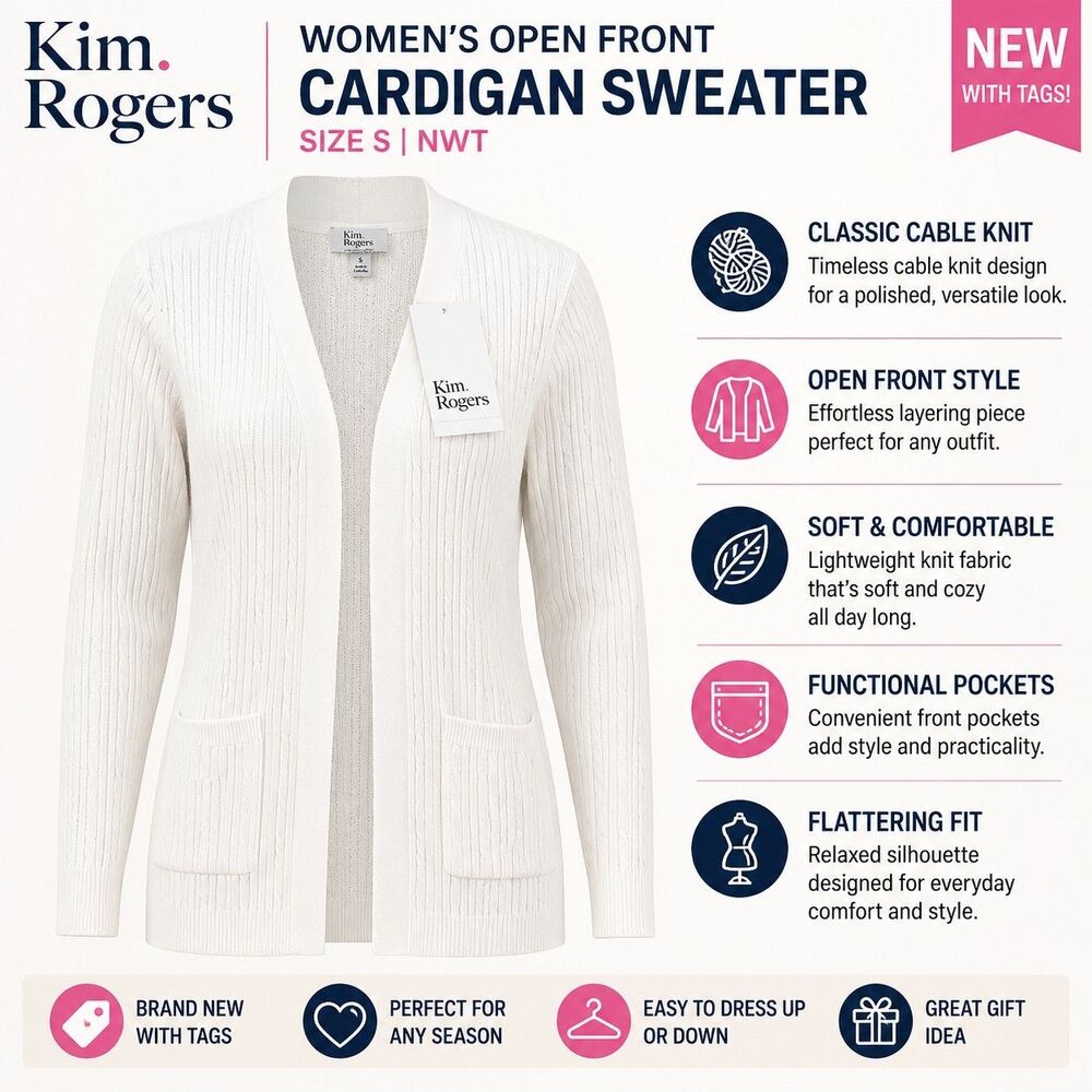 Kim Rogers Women's White Cable Knit Open Front Cardigan Sweater Size S NWT